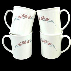 Vintage Corning Set of 4 Coffee/Tea Cups Mugs 8 oz Silk Blossoms White Pink